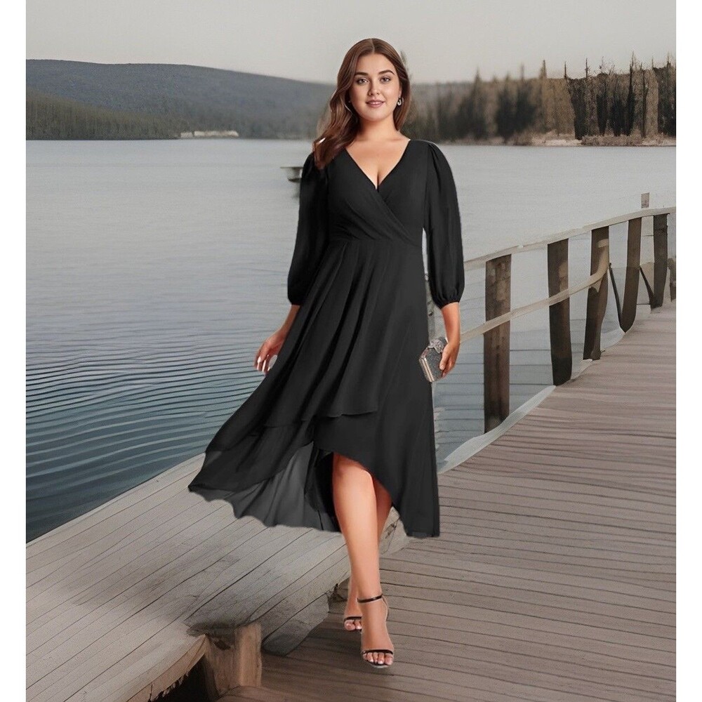 Black Midi Wrap Dress with Puff Sleeves - Brand